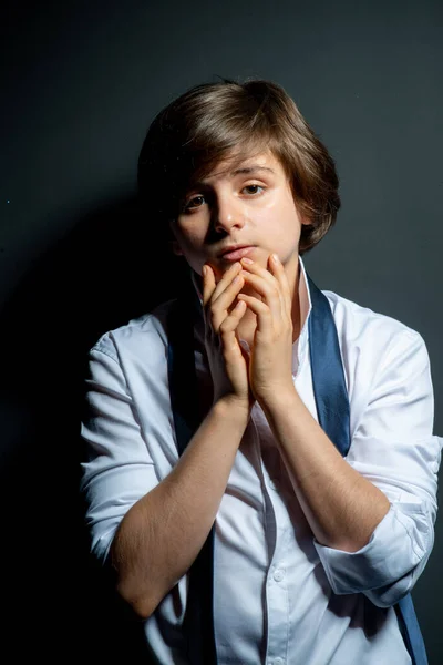 Preteen Boy White Shirt Posing Black Background — Stock Photo, Image