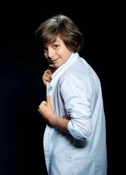 Preteen Boy White Shirt Posing Black Background Looking Camera — Stock Photo, Image