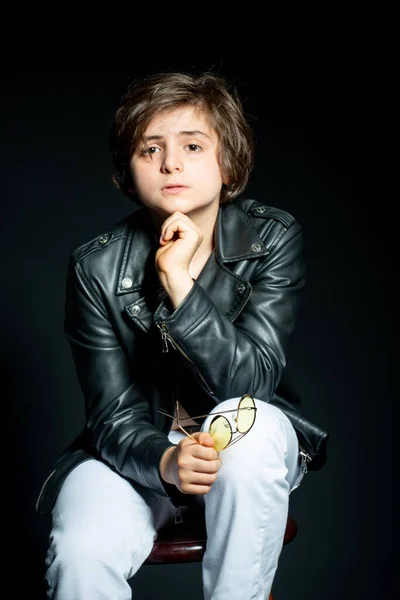 Adorable Preteen Boy Black Leather Jacket Posing Black Background Looking — Stock Photo, Image