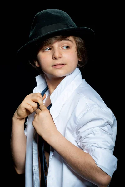 Preteen Boy White Shirt Hat Posing Black Background — Stock Photo, Image