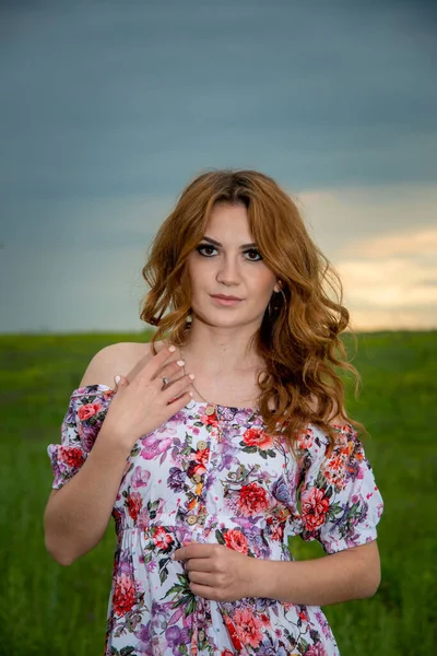 Bela Mulher Vestindo Vestido Floral Posando Campo — Fotografia de Stock