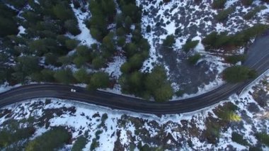 Kışın Karlı Hava Yolunda Çam Ormanı ve Dağların Çekimi Kaliforniya