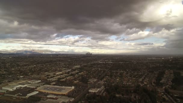 Culver City Sunset Aerial Shot Stormy Clouds Los Angeles Downtown — 비디오