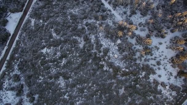 Намотанная Дорога Зимой Покрытая Снегом Глубокий Лес Калифорнии Сансет Аэросъемка — стоковое видео
