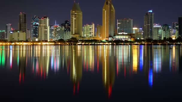 San Diego Night Skyline Reflecties Coronado Bay Californië Usa Time — Stockvideo