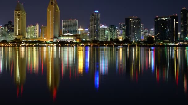 San Diego Night Skyline Reflections Coronado Bay California Usa Time — Stock Video