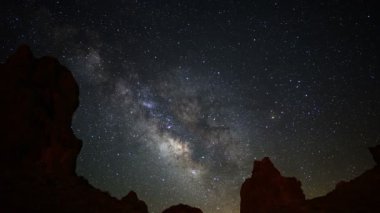 Trona Zirvelerindeki Samanyolu Galaksisi Kaya oluşumunun üstünde Mojave Çölü Kaliforniya