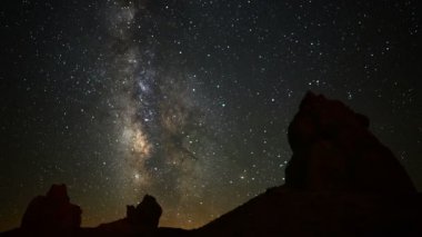 Trona Zirvelerindeki Samanyolu Galaksisi Kaya oluşumunun üstünde Mojave Çölü Kaliforniya