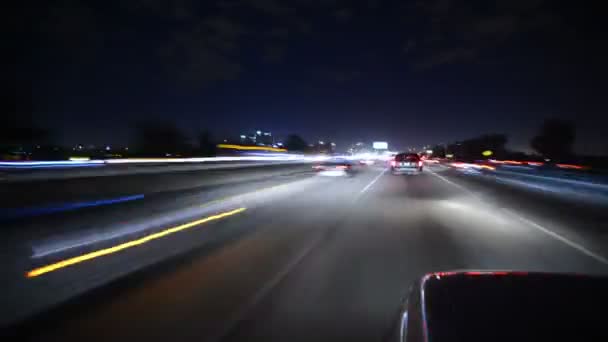 Вождение Pov Time Lapse Лос Анджелес Downtown Skyline Freeway Night — стоковое видео