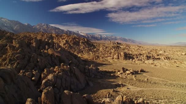 Sierra Nevada Mountains Whitney Alabama Hills Desert Rock Formation Aerial — Stock Video