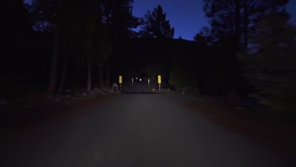 Alpine Forest Στενό Road Dawn Driving Plate Προβολή Καλιφόρνια Ηπα — Αρχείο Βίντεο