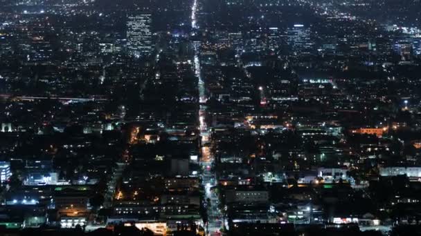 Los Angeles Wilshire Center Edificios Noche Paisaje Urbano Time Lapse — Vídeo de stock