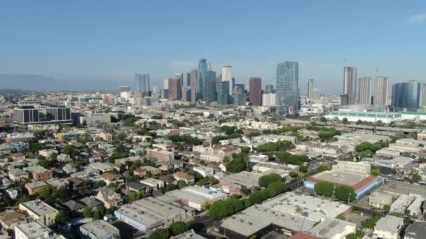 洛杉矶市中心空中建立中枪的皮科联合棕榈树下降 — 图库视频影像