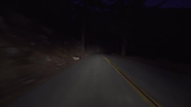 Alpine Forest Road Por Noche Placa Conducción Vista Trasera California — Vídeo de stock