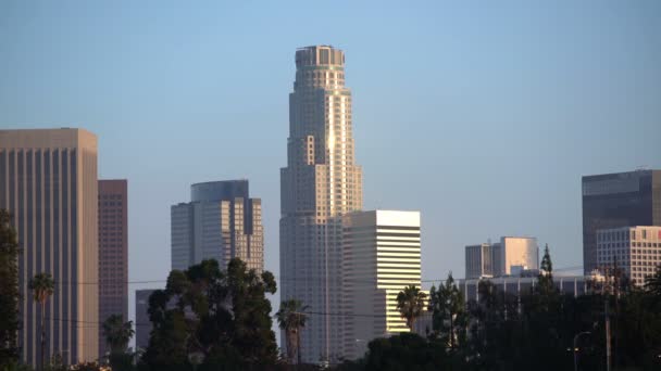 Los Angeles Downtown Sunset Skyskrapor Från Hermosa Vista Park Skyline — Stockvideo