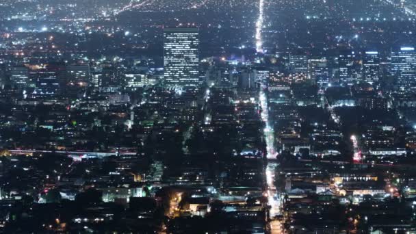 Los Angeles Wilshire Center Buildings Night Cityscape Time Lapse Pan — стокове відео