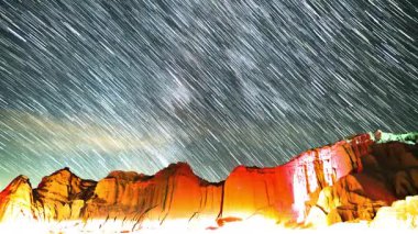 South Sky 'daki Samanyolu Galaksisi Yıldız Patikası 24 mm Kamp Ateşi Kırmızı Kaya Kanyonu Astrofotografı Gece Gökyüzü Hızı Mojave Çölü Kaliforniya ABD' de
