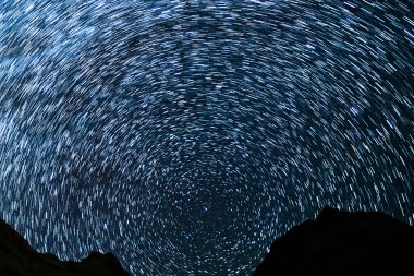 Star Trails of Polaris North Star and Milky Way Galaxy in North Sky Over Red Rock Canyon Astrophotography in California USA