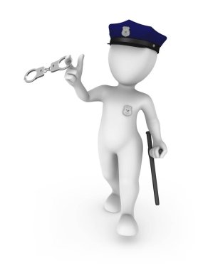 3D polis kelepçe ile oynuyor. 3D render illüstrasyon.