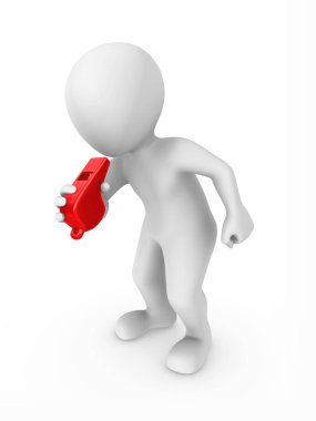 Kırmızı düdük 3D adamla. Güvenlik kavramı. 3D render illüstrasyon.