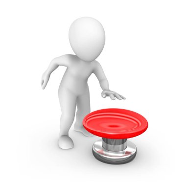 büyük kırmızı düğme ile 3D insan. 3D render illüstrasyon.