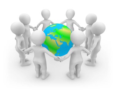 Earth ile 3D işlenmiş beyaz insanlar. 3D render illüstrasyon.