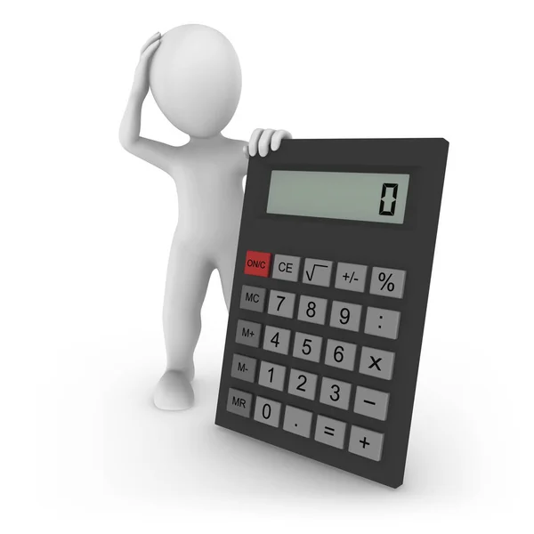 büyük hesap makinesi ile 3D işlenmiş beyaz insan. 3D render illüstrasyon.