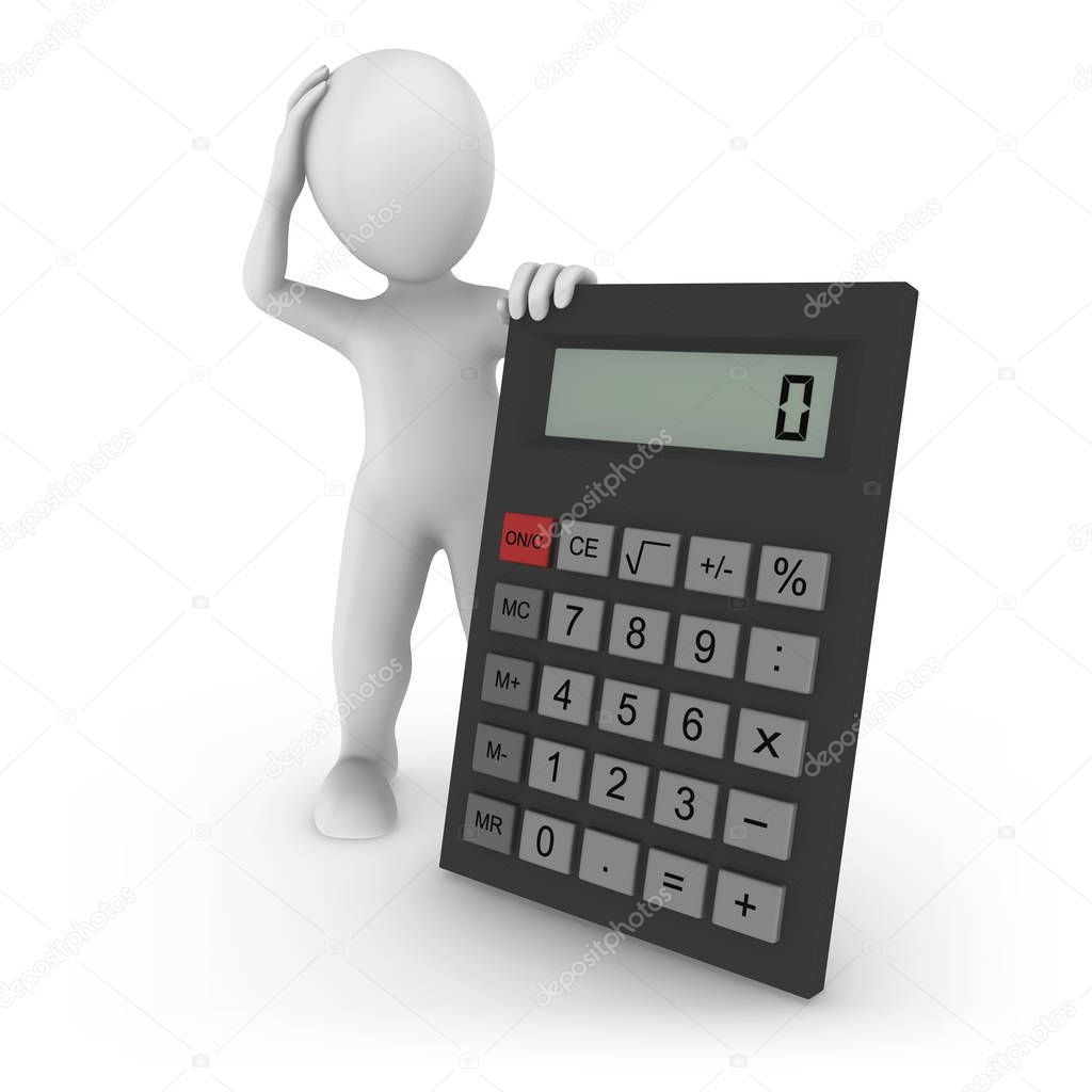 3d rendered white human with the big calculator. 3d rendered illustration.