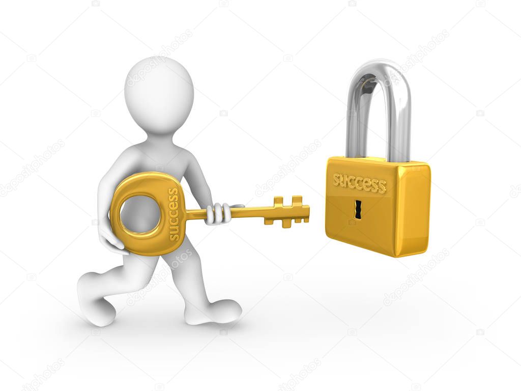 3d white man with a gold key and lock. 3d rendered illustration.