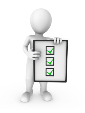 onay işaretleri boş kurulu ile 3D beyaz adam. 3D render illüstrasyon.