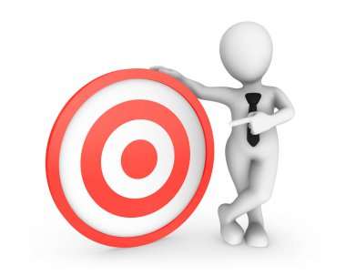 Kırmızı Target 3D beyaz adam işaret parmağı. küçük insanlarla 3D render illüstrasyon.