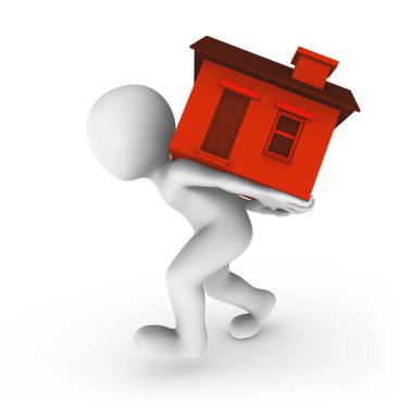 3D adam sırt üstü kırmızı ev getirmek. küçük insanlarla 3D render illüstrasyon.