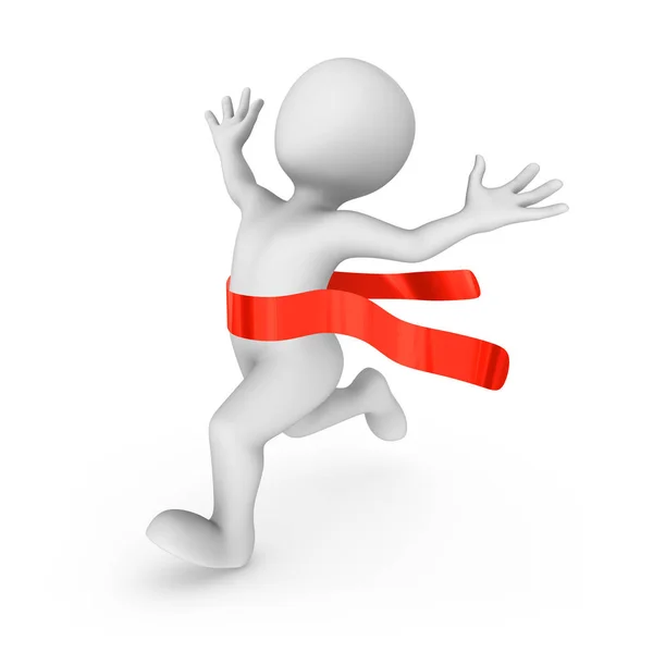 Happy 3d runner and red finishing ribbon. 3d rendered illustration with small people.