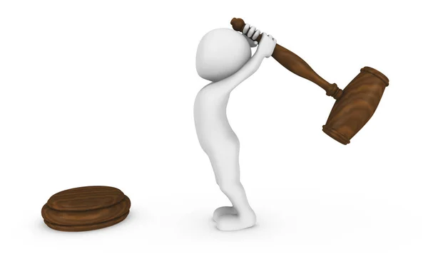ellerinde büyük çekiç ile 3D beyaz adam. küçük insanlarla 3D render illüstrasyon.