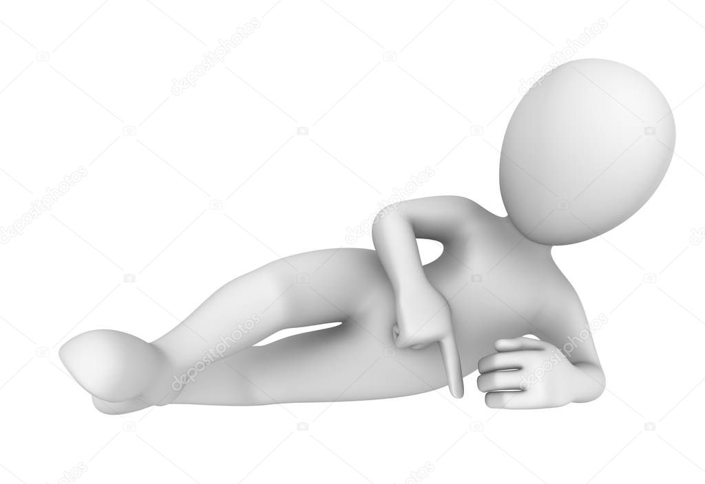 3d man pointing down and lie. 3d rendered illustration with small people.
