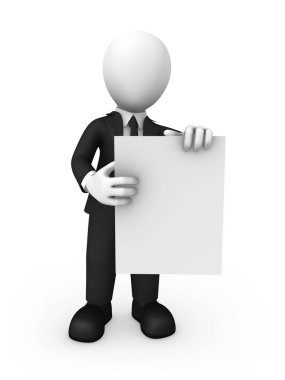 Elinde boş tahta ile 3d işadamı