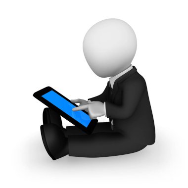 Elinde tablet pc ile 3d beyaz işadamı.