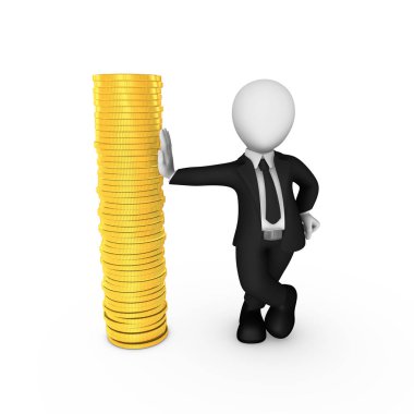 Beyaz arka plan üzerinde izole altın sikke ile 3d işadamı.