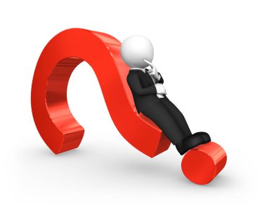 Kırmızı bir soru işareti üzerinde yatan 3d beyaz işadamı.