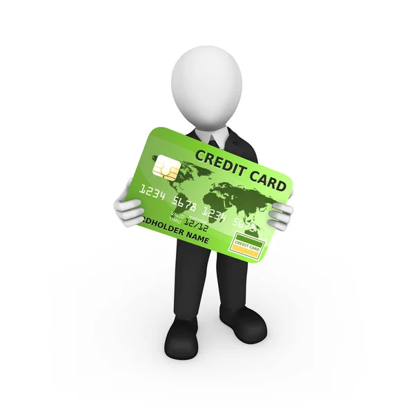 3d businessman with green credit card in hands. — Stock Photo, Image