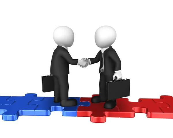 3d business people standing on puzzles, handshake — Stock Photo, Image