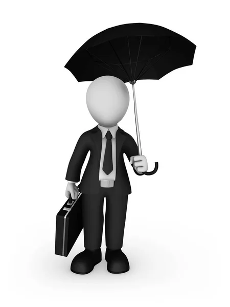 3D obchodník s velkým deštníkem v ruce. Koncepce pojištění. — Stock fotografie