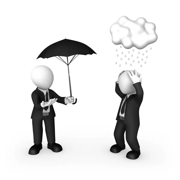 3D obchodník v černém apartmá s deštníkem a deštěm. Koncepce pojištění. — Stock fotografie