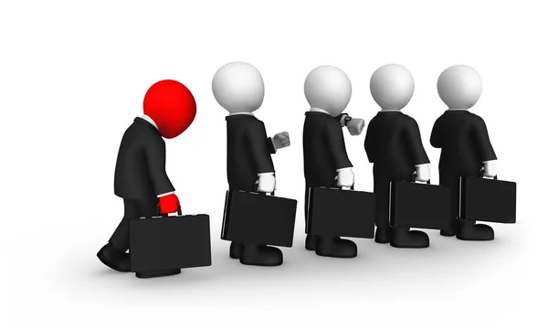 The sad red businessman in black suite stands in a queue. — Stock Photo, Image