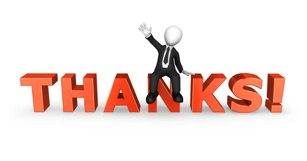 3d businessman in black suite sits on red "thanks" text. — Stock Photo, Image