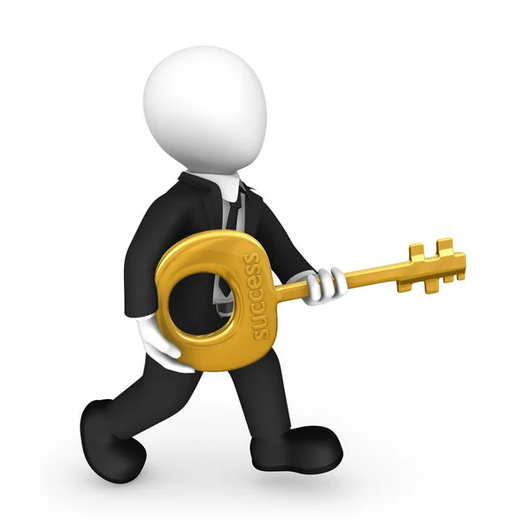 3d businessman in black suite with a golden key to success.