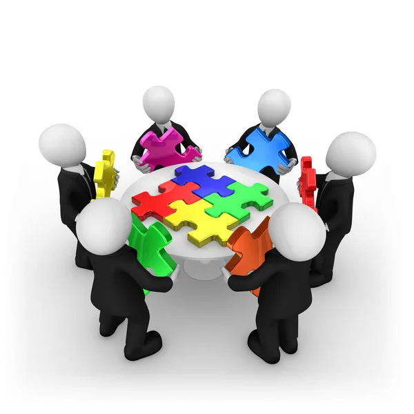 3d business people with jigsaw puzzle, teamwork concept