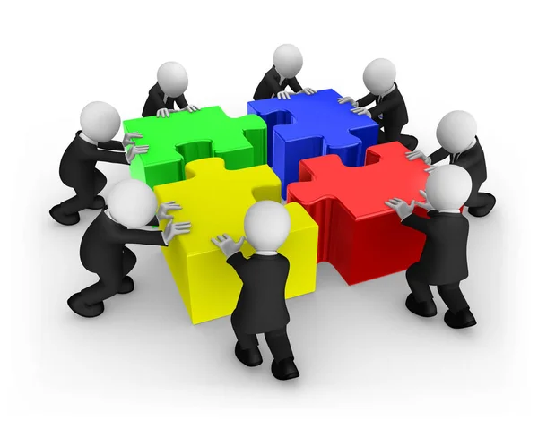 3d business people working as a team with colored jigsaw puzzle — Stock Photo, Image