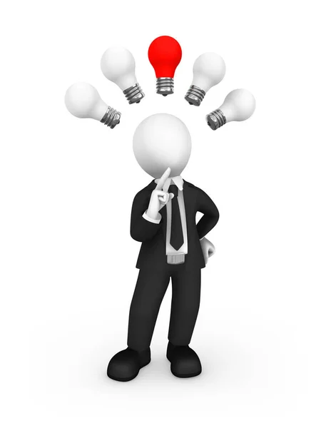 Kırmızı fikir lamba ile 3d beyaz işadamı.