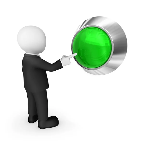 3D zakenman in zwarte Suite drukt op de groene knop. — Stockfoto